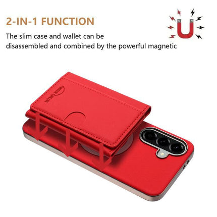 Color Horizontal Magnetic Card Bag Case With RFID Shield MagSafe For Galaxy S25 showing red magnetic 2-in-1 wallet attached and phone stand feature