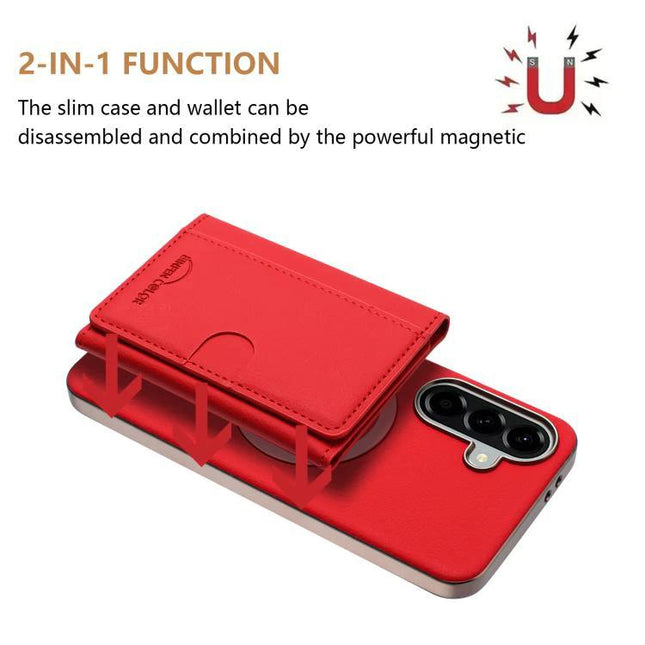 Color Horizontal Magnetic Card Bag Case With RFID Shield MagSafe For Galaxy S25 showing red magnetic 2-in-1 wallet attached and phone stand feature