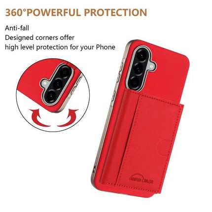 Color Horizontal Magnetic Card Bag Case With RFID Shield MagSafe For Galaxy S25 showing red horizontal card wallet, RFID shield, MagSafe, stand and 360° protection