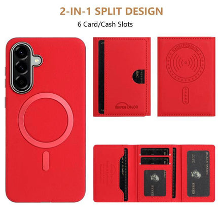 Color Horizontal Magnetic Card Bag Case With RFID Shield MagSafe For Galaxy S25 - red magnetic wallet case with 6 card slots and stand, RFID blocking