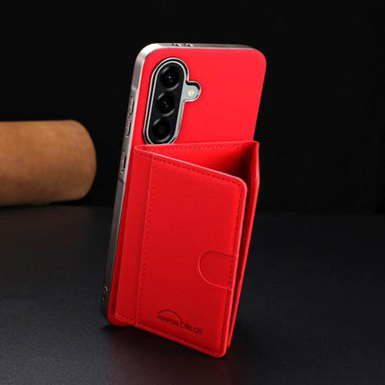 Color Horizontal Magnetic Card Bag Case With RFID Shield MagSafe For Galaxy S25 in red, horizontal magnetic card wallet with stand and RFID protection