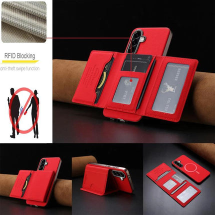 Color Horizontal Magnetic Card Bag Case With RFID Shield MagSafe For Galaxy S25 - red horizontal wallet phone case with RFID blocking, card slots and kickstand