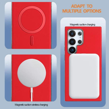 Samsung Galaxy Case With Faux Leather Exterior For Everyday Protection showing red case with magnetic wireless charging compatibility and slim full-coverage design