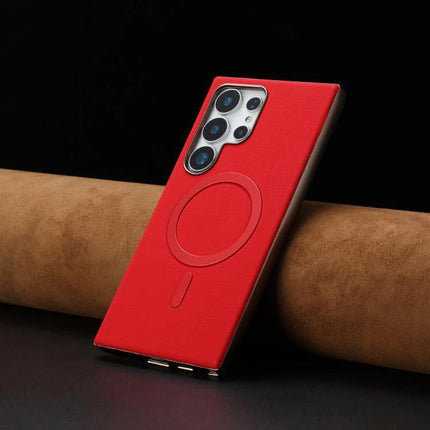 Samsung Galaxy Case With Faux Leather Exterior For Everyday Protection in red, slim full-coverage design with wireless charging circle