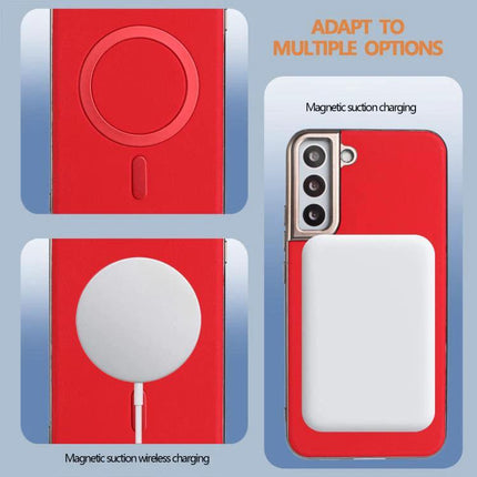 Essential Case for Everyday Samsung Phone Protection showing red slim case with magnetic wireless charging and power bank compatibility