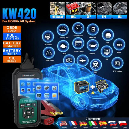 KONNWEI Scanner for Routine Honda Vehicle Maintenance Checks handheld OBDII tool showing functions like oil reset battery test and DPF