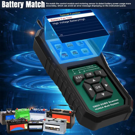 KONNWEI Scanner for Routine Honda Vehicle Maintenance Checks handheld OBDII OBD2 diagnostic tool displaying battery match and menu