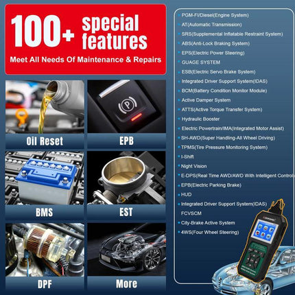 KONNWEI Scanner for Routine Honda Vehicle Maintenance Checks handheld device showing 100+ special features like Oil Reset, EPB, BMS, DPF and diagnostics
