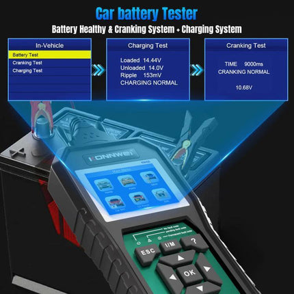 KONNWEI Scanner for Routine Honda Vehicle Maintenance Checks showing battery tester screen and clamps for in-vehicle diagnostics