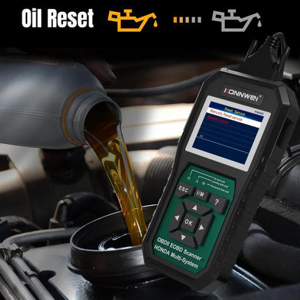 KONNWEI Scanner for Routine Honda Vehicle Maintenance Checks - handheld OBDII tool showing oil reset screen over engine oil pour