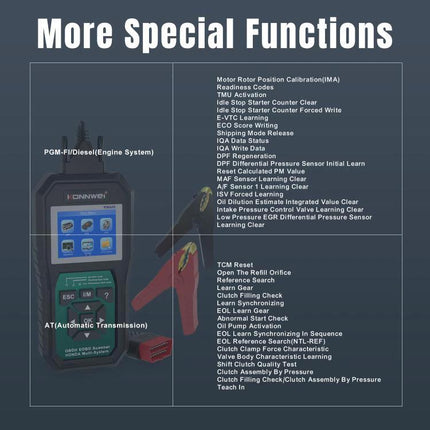 KONNWEI Scanner for Routine Honda Vehicle Maintenance Checks - handheld OBD2 tool showing special functions screen and cables