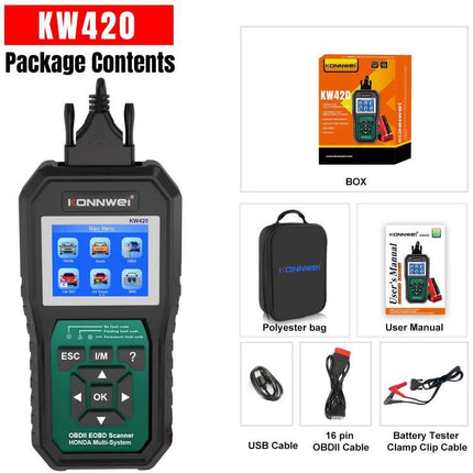 KONNWEI Scanner for Routine Honda Vehicle Maintenance Checks handheld KW420 OBDII diagnostic tool with cables and case