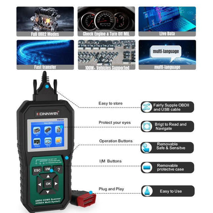 KONNWEI Scanner for Routine Honda Vehicle Maintenance Checks - handheld OBD2 device showing features and connectors