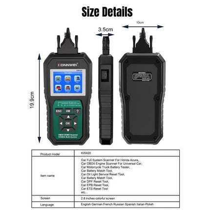 KONNWEI Scanner for Routine Honda Vehicle Maintenance Checks handheld OBD2 diagnostic tool showing front, side and back with size dimensions
