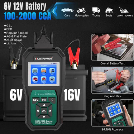 KONNWEI Scanner for Routine Honda Vehicle Maintenance Checks handheld OBDII diagnostic tool showing battery test clamps and screen for Honda and Acura