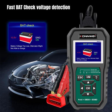 Konnwei Scanner for Everyday Vehicle Troubleshooting at Home handheld OBD2 tool showing BAT check screen with car engine and red clamp