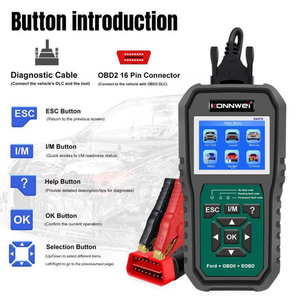 Konnwei Scanner for Everyday Vehicle Troubleshooting at Home handheld OBD2 diagnostic tool with cables and button guide