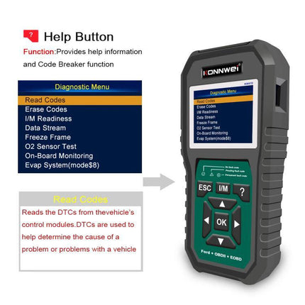 Konnwei Scanner for Everyday Vehicle Troubleshooting at Home handheld OBD2 reader displaying Read Codes and diagnostic menu for DIY car checks