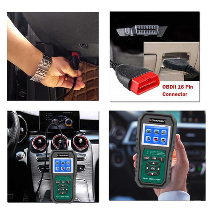 Konnwei Scanner for Everyday Vehicle Troubleshooting at Home handheld OBD2 reader showing OBDII 16 pin connection and in-car use