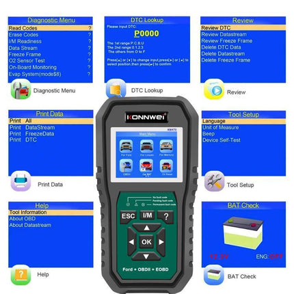 Konnwei Scanner for Everyday Vehicle Troubleshooting at Home handheld OBD2 device showing diagnostic menus and DTC lookup screen