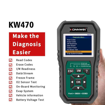 Konnwei Scanner for Everyday Vehicle Troubleshooting at Home - KW470 handheld OBD2 reader showing diagnostic menu and feature list