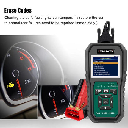 Konnwei Scanner for Everyday Vehicle Troubleshooting at Home - handheld OBD2 reader displaying diagnostic menu next to car tachometer and check engine icon