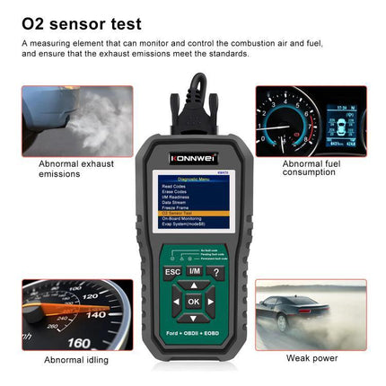 Konnwei Scanner for Everyday Vehicle Troubleshooting at Home - handheld OBD2 reader diagnosing O2 sensor issues, check engine codes, emissions, idling, fuel consumption