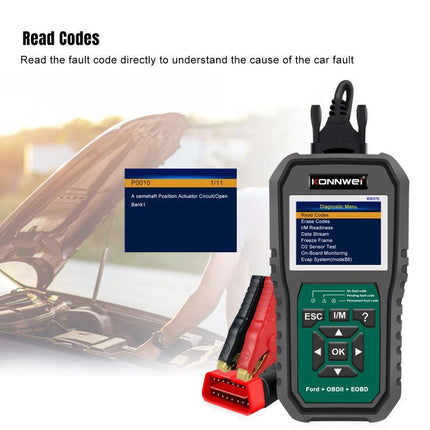 Konnwei Scanner for Everyday Vehicle Troubleshooting at Home handheld OBD2 reader showing read codes and clips near car engine