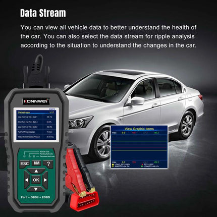 Konnwei Scanner for Everyday Vehicle Troubleshooting at Home handheld OBD2 reader with car, data stream screen and red diagnostic connector