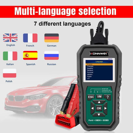 Konnwei Scanner for Everyday Vehicle Troubleshooting at Home - handheld OBD2 diagnostic tool with multilingual display and red OBDII connector