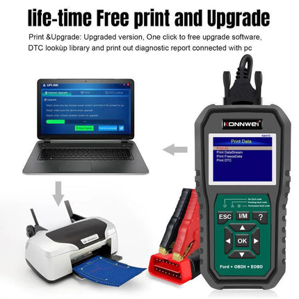 Konnwei Scanner for Everyday Vehicle Troubleshooting at Home handheld OBD2 reader with laptop and printer showing diagnostic report