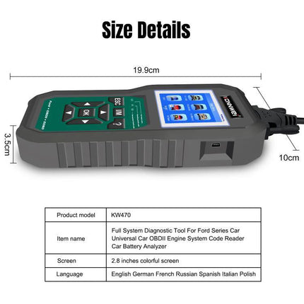 Konnwei Scanner for Everyday Vehicle Troubleshooting at Home - handheld OBD2 code reader showing 2.8in screen and dimensions