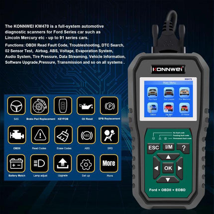 Konnwei Scanner for Everyday Vehicle Troubleshooting at Home - handheld OBD2 reader showing menu and diagnostic icons
