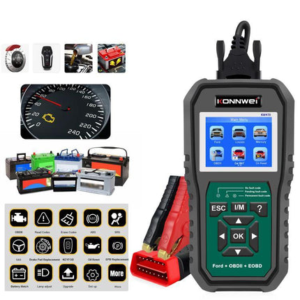 Konnwei Scanner for Everyday Vehicle Troubleshooting at Home - handheld OBD2 code reader showing screen and red/black clamps