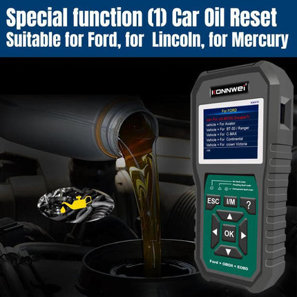 Konnwei Scanner for Everyday Vehicle Troubleshooting at Home showing car oil reset function and OBD2 diagnostic device next to engine oil pour