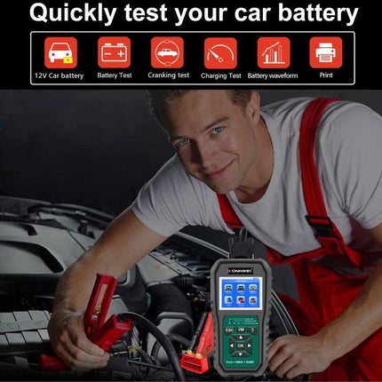 Konnwei Scanner for Everyday Vehicle Troubleshooting at Home showing technician testing car battery with OBD2 handheld device