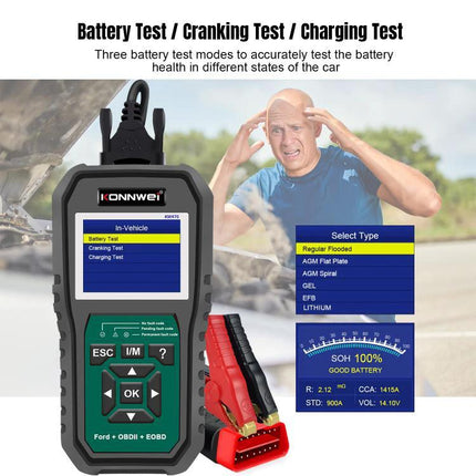 Konnwei Scanner for Everyday Vehicle Troubleshooting at Home handheld OBD2 tool showing battery/cranking/charging tests and clamps