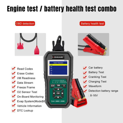 Konnwei Scanner for Everyday Vehicle Troubleshooting at Home - handheld OBD2 code reader with battery test clamps