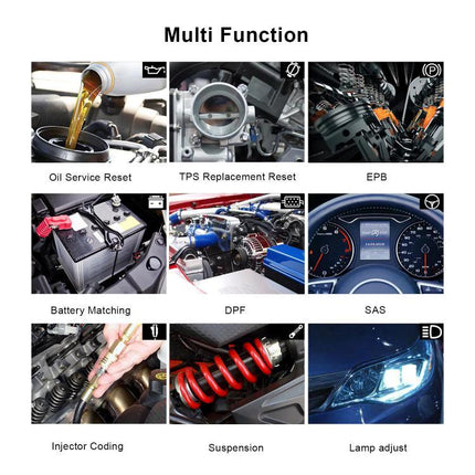 Konnwei Scanner for Everyday Vehicle Troubleshooting at Home showing multi-function OBD2 features like oil reset, TPS, EPB, battery matching, DPF, SAS, injector coding, suspension, lamp adjust