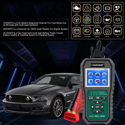 Konnwei Scanner for Everyday Vehicle Troubleshooting at Home handheld OBD2 tool with car, clamps and display for reading check engine codes