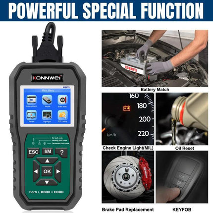 Konnwei Scanner for Everyday Vehicle Troubleshooting at Home handheld OBD2 reader showing icons and car maintenance scenes