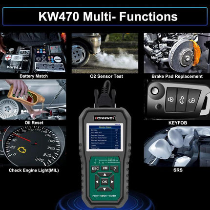 Konnwei Scanner for Everyday Vehicle Troubleshooting at Home - KW470 multi-function OBD2 tool showing diagnostics like O2 test, oil reset, SRS, keyfob, brake pad, battery match, MIL