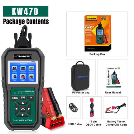 Konnwei Scanner for Everyday Vehicle Troubleshooting at Home - KW470 OBD2 kit with cables, clamp clips, pouch, and manual
