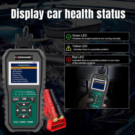 Konnwei Scanner for Everyday Vehicle Troubleshooting at Home - handheld OBD2 diagnostic tool reading check engine codes and displaying car health status with LED indicators