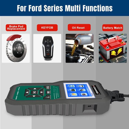 Konnwei Scanner for Everyday Vehicle Troubleshooting at Home handheld OBD2 device showing Ford functions like oil reset, battery match, keyfob and brake pad replacement