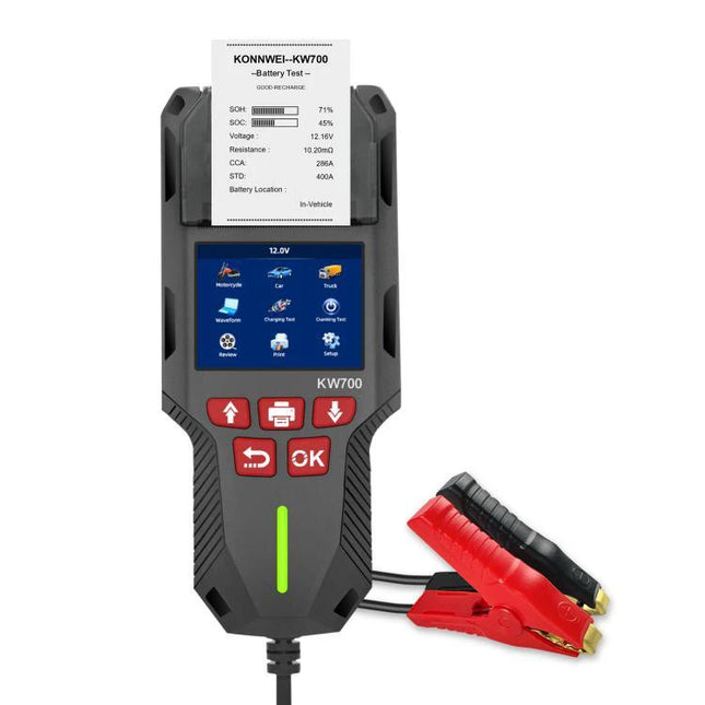 KONNWEI Battery Tester for Everyday Vehicle Maintenance Checks handheld KW700 with printer, screen icons and red black clamps for 12V/24V battery health