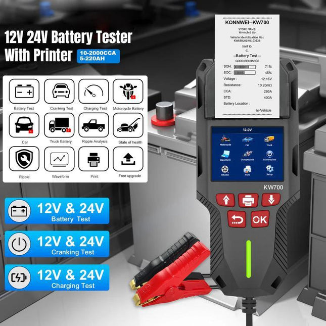 KONNWEI Battery Tester for Everyday Vehicle Maintenance Checks - handheld 12V/24V tester with printer, clamps, display showing battery health and test icons
