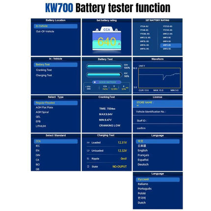 KONNWEI Battery Tester for Everyday Vehicle Maintenance Checks - KW700 screen showing battery test functions and readings