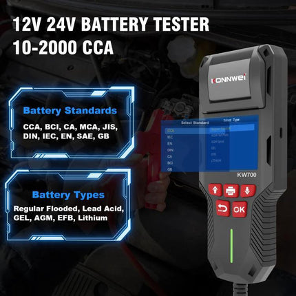 KONNWEI Battery Tester for Everyday Vehicle Maintenance Checks - handheld 12V 24V battery tester KW700 for cars trucks motorcycles