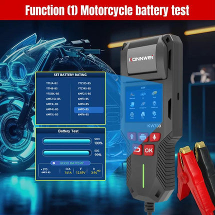 KONNWEI Battery Tester for Everyday Vehicle Maintenance Checks - handheld KW700 testing 12V/24V motorcycle battery with display and clamps